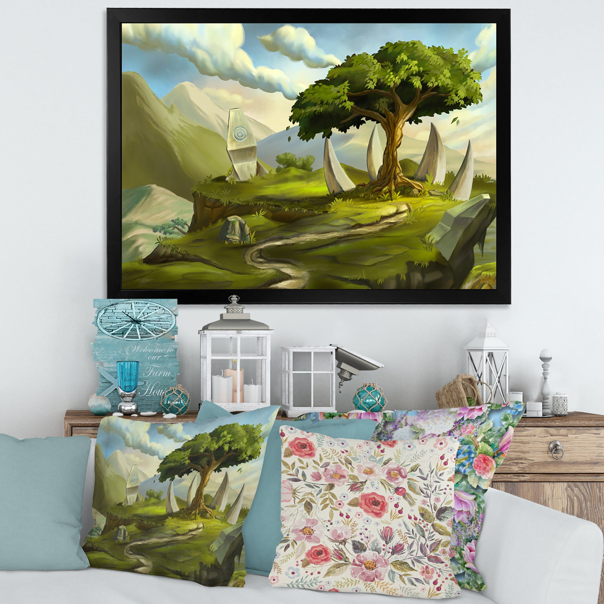 Designart 'Sacred Tree In A Fantasy Green Landscape' Traditional Framed Art Print