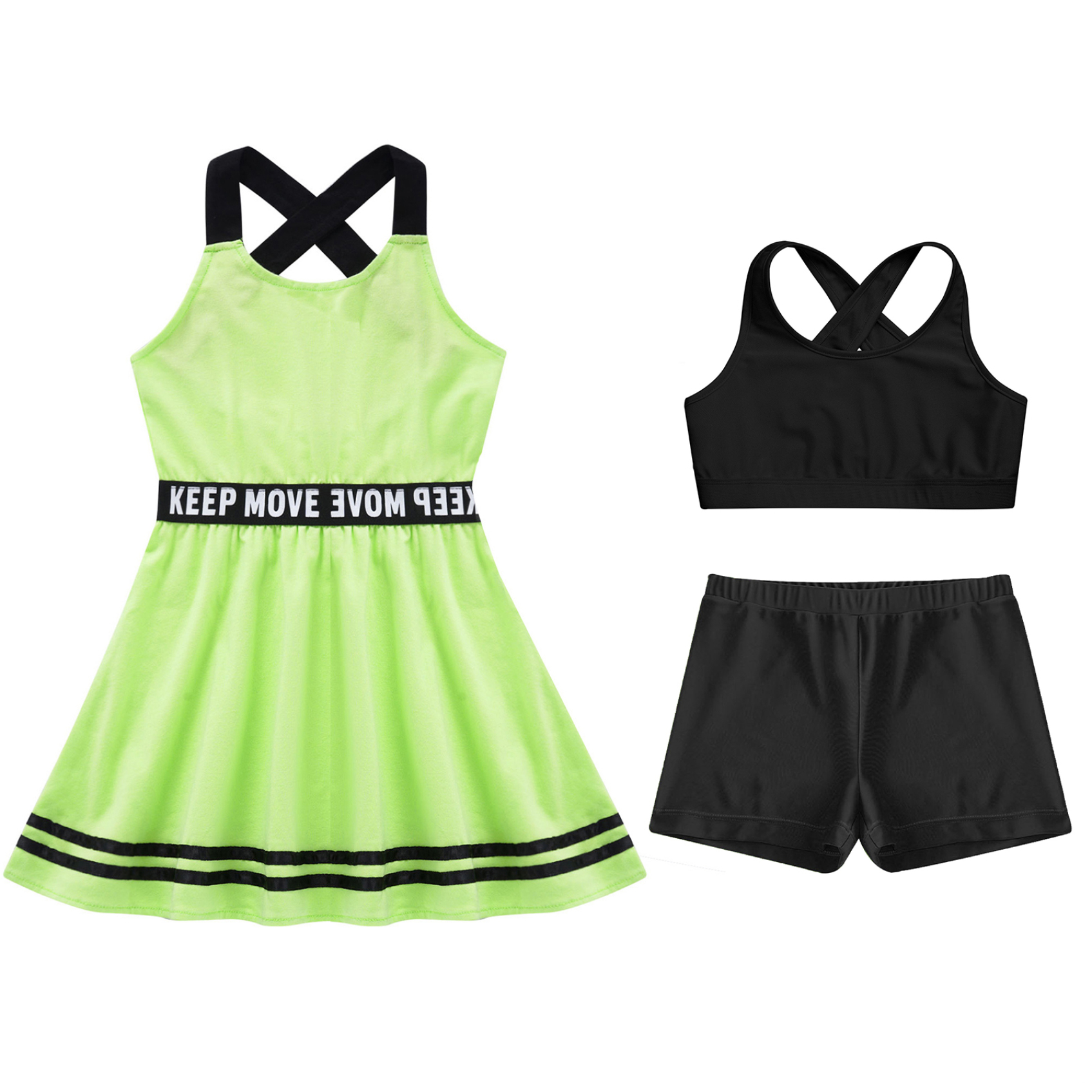 Miutii 3Pcs Kids Sports Tenins Outfits Girl Athletic A-line Dress with Racerback Bras Vest and Shorts Fluorescent Green 12