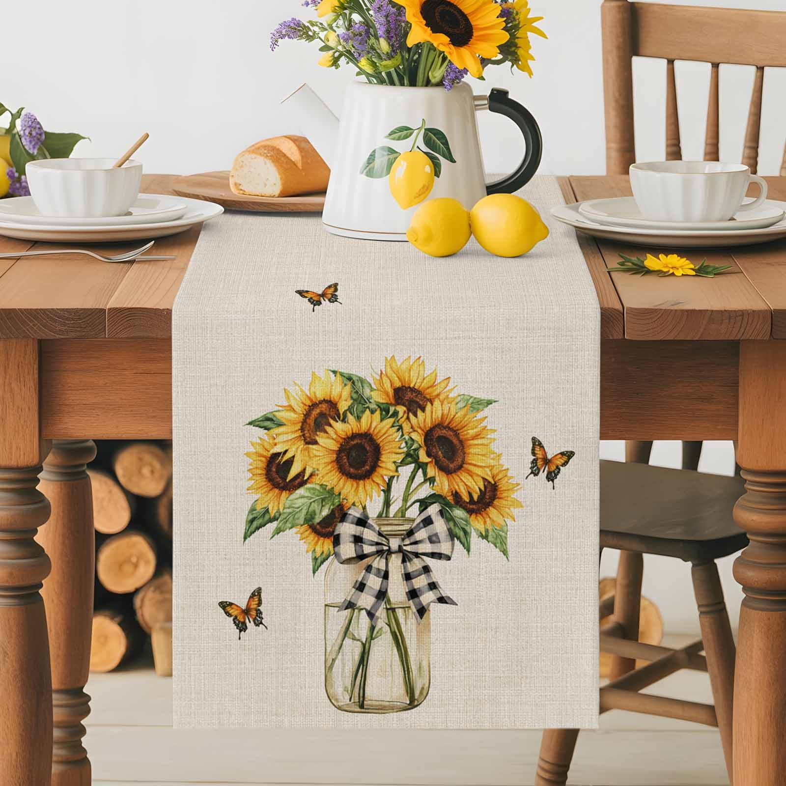 Vintage Sunflower Butterfly on Linen Table Runner 90 Inches Long, Welcome Seasonal Floral Bow Table Runners Tabletop Scarf Kitchen Dining Tables Decoration for Home Party Indoor Outdoor