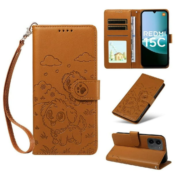 Funda Cartera GANGXUN con Diseño de Perrito en Relieve para Xiaomi Redmi 15C , Protección 360° con Ranuras y Correa Desmontable