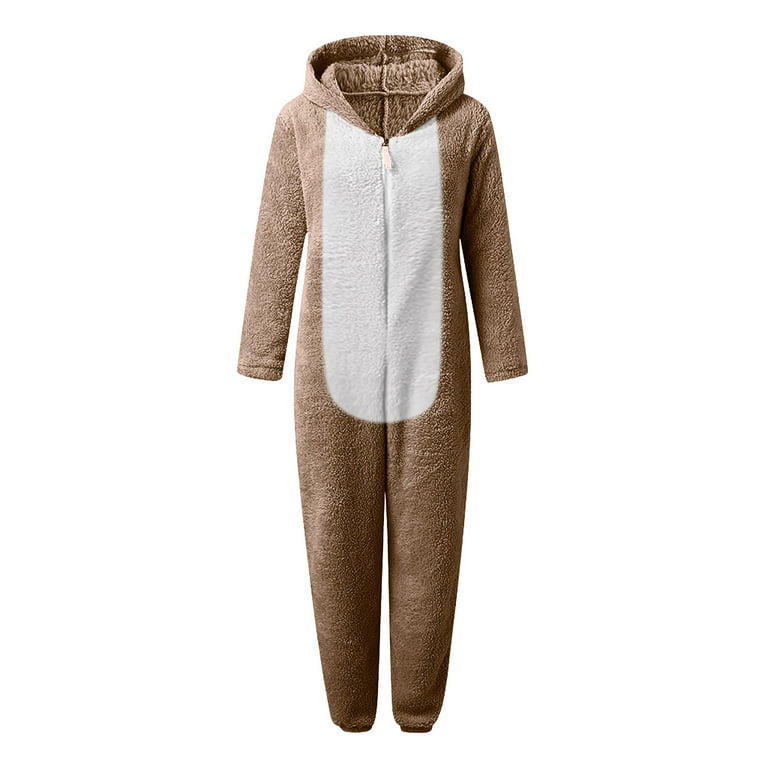 AherBiu Plus Size Jumpsuits for Women Winter Pajamas Fleece Fluffy Half Zip  up Hooded One-Piece Sleepwear