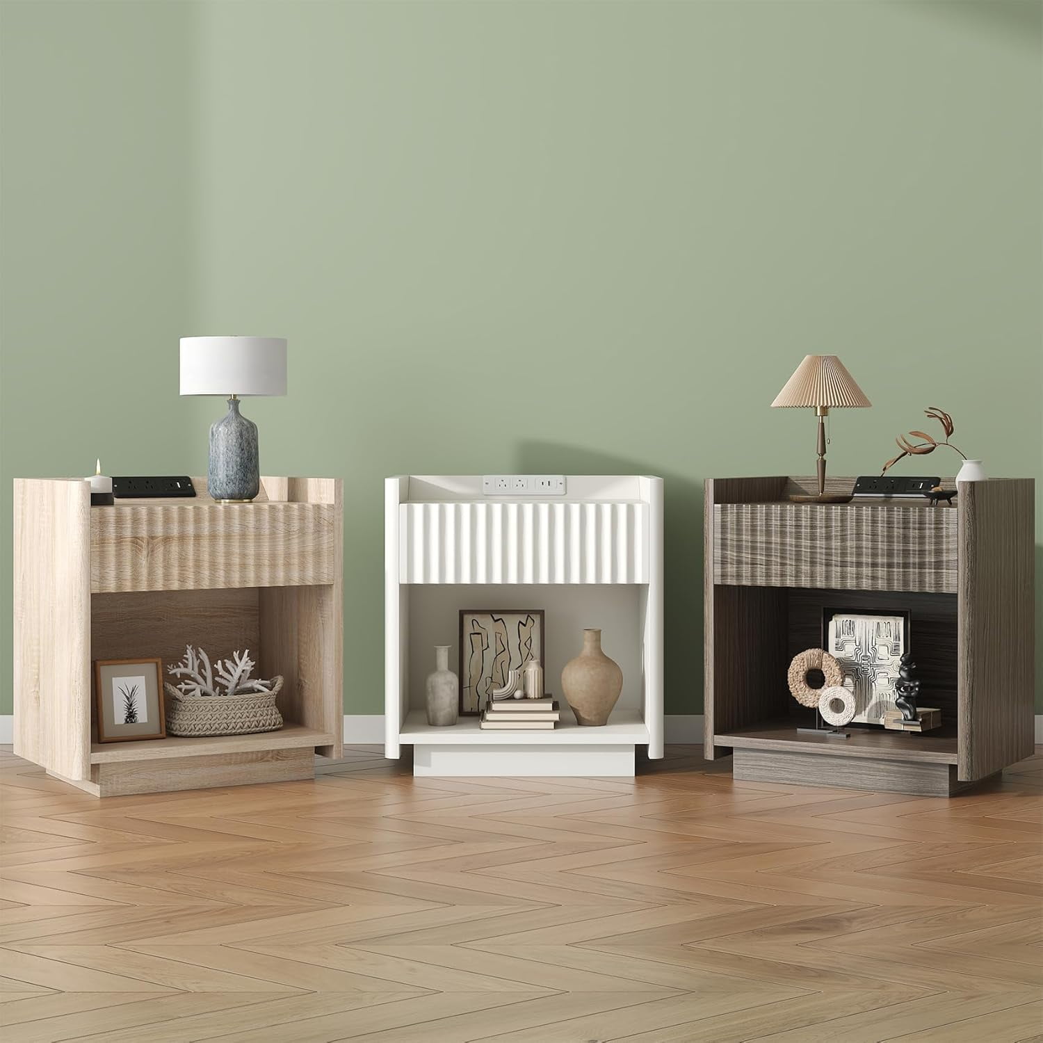 Winkalon Fluted Nightstands for Bedroom, Farmhouse Bedside Tables with Drawer & Open Shelf, Wood End Table for Living Room,Walnut