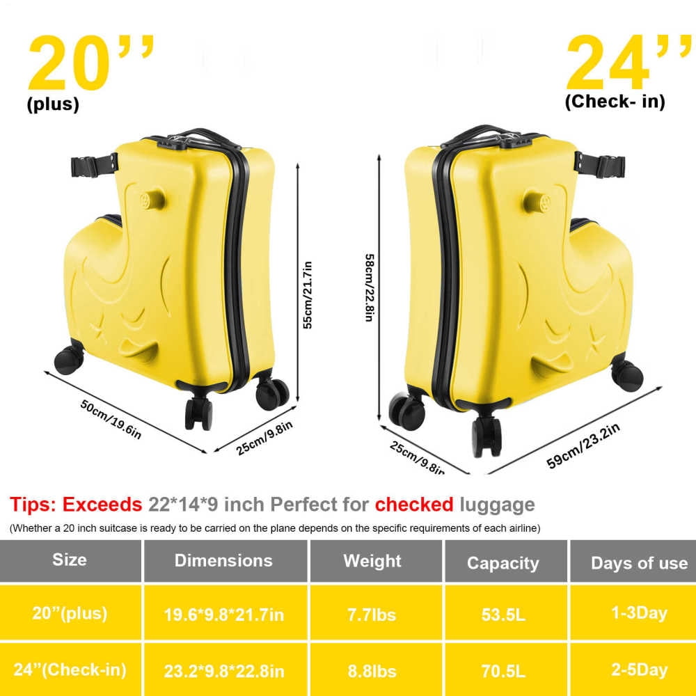 20/24inch Kids Ride on Luggage Kid Luggage Seat,Rolling Luggage with Spinner Wheels ,Suitcase Carry Trolley with Password Lock,with Safety Belt, Airplane Travel
