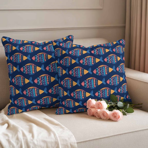 Outdoor Pillow Cover 18x18inch Set of 2, Ethnic Style Ocean Fish Waterproof Decorative Throw Pillow Cover for Couch Sofa, Watercolor Marine Life on Navy Blue Pillowcase Cushion Cases for Patio Garden