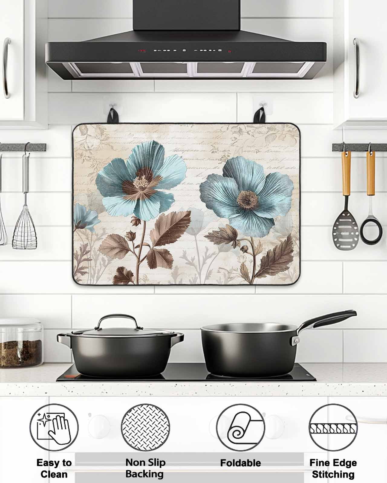 Stove Top Covers for Electric Stove, Spring Floral Glass Stovetop Cover Protector, Teal Tulip Vintage Botanical Summer Induction Cooktop Protector Oven Mat for Kitchen Countertop 24"x21"
