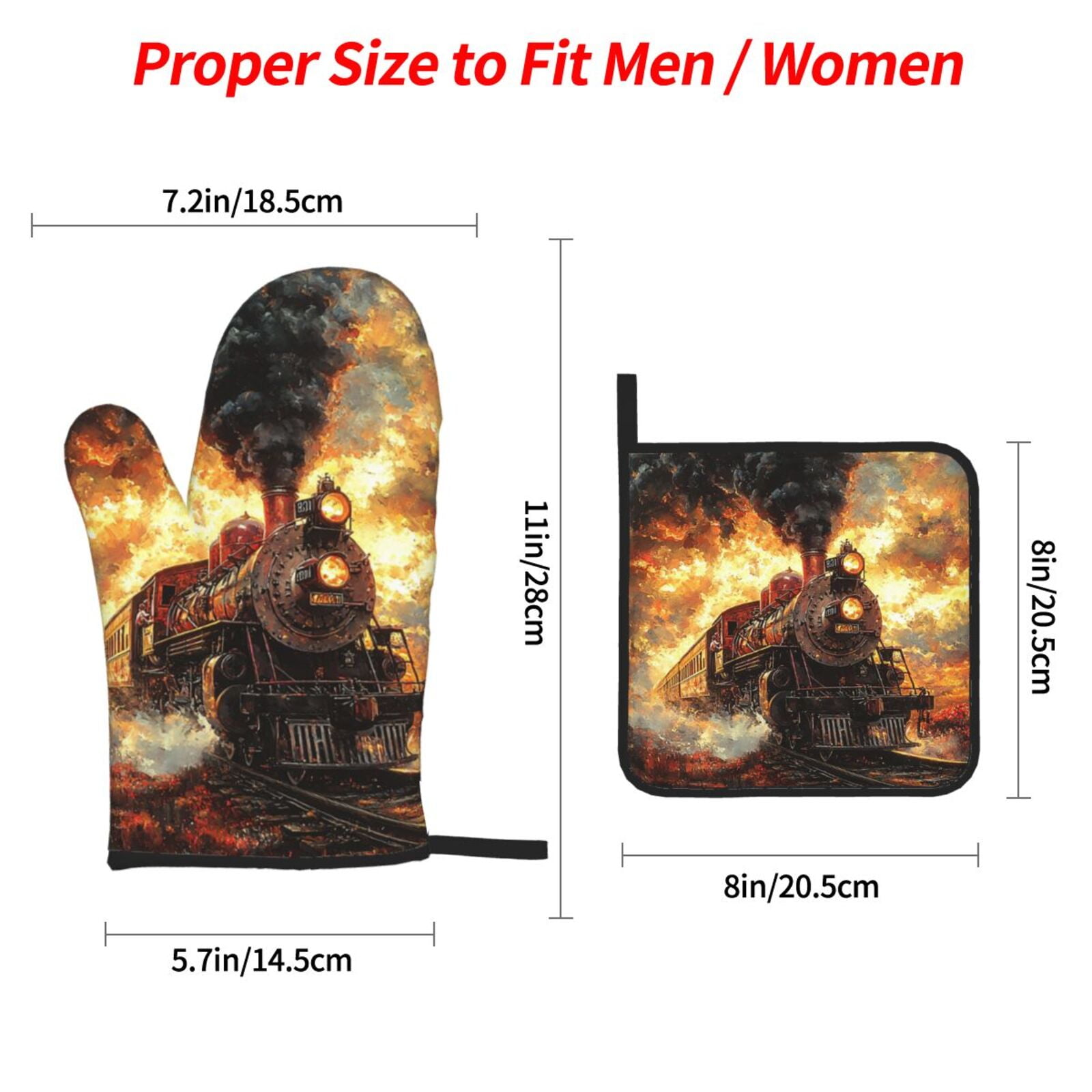 Retro Steam Train Vintage 4Pcs Oven Mitts and Pot Holders Sets Oven Kitchen Gloves Hot Pads for Cooking BBQ Baking Grilling
