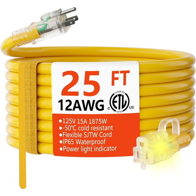 Cable de extensión HUANCHAIN calibre 12/3, 25 pies, resistente al agua, 15 A, 1875 W