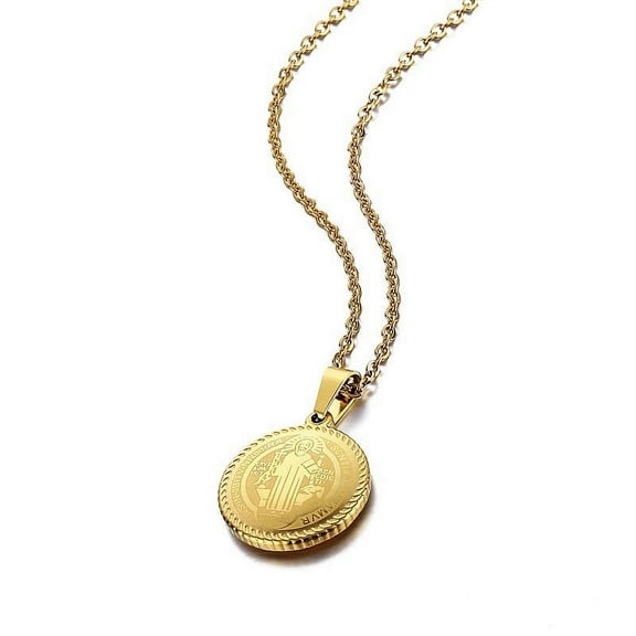 14K Yellow Gold Father Saint Benedict Round Medal Pendant Necklace for Men Women Simplicity Personality Exorcist Jewelry Gifts