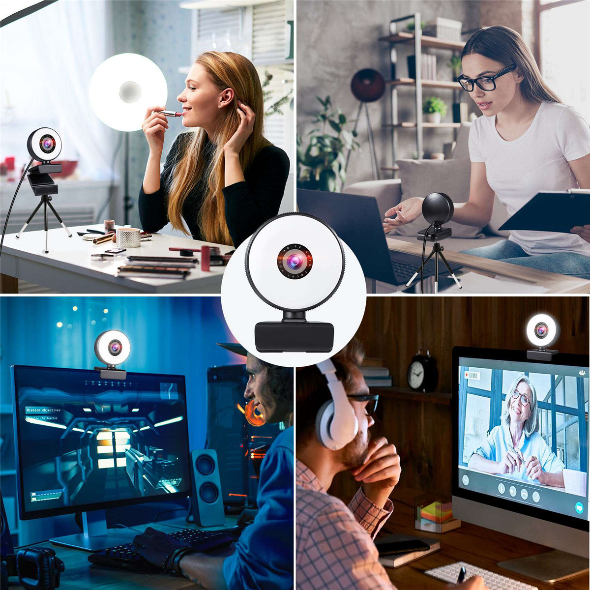 4K HD Autofocus Webcam with Microphone, Adjustable Light Computer Camera USB Webcam for Laptop Desktop Video Calling plastic Black