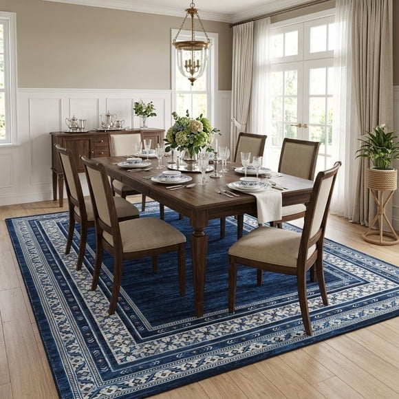 HIWEAVER Blue 5' x 7' Washable Geometric Bordered Floral Area Rug for Living Room Indoor Throw Carpet Modern Non-Slip Foldable Floor Cover for Dorm Home Decor