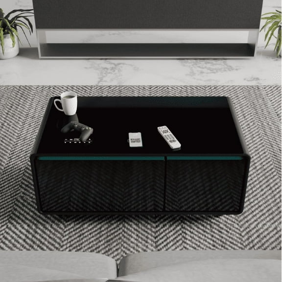 LIVTAB Smart Coffee Table, 23" D x 41.5" W x 18.1" H, Living Room Table with Built in Fridge and Speakers, Smart Table with 15W Wireless Charging, USB Chargers and 110V Outlets, Black