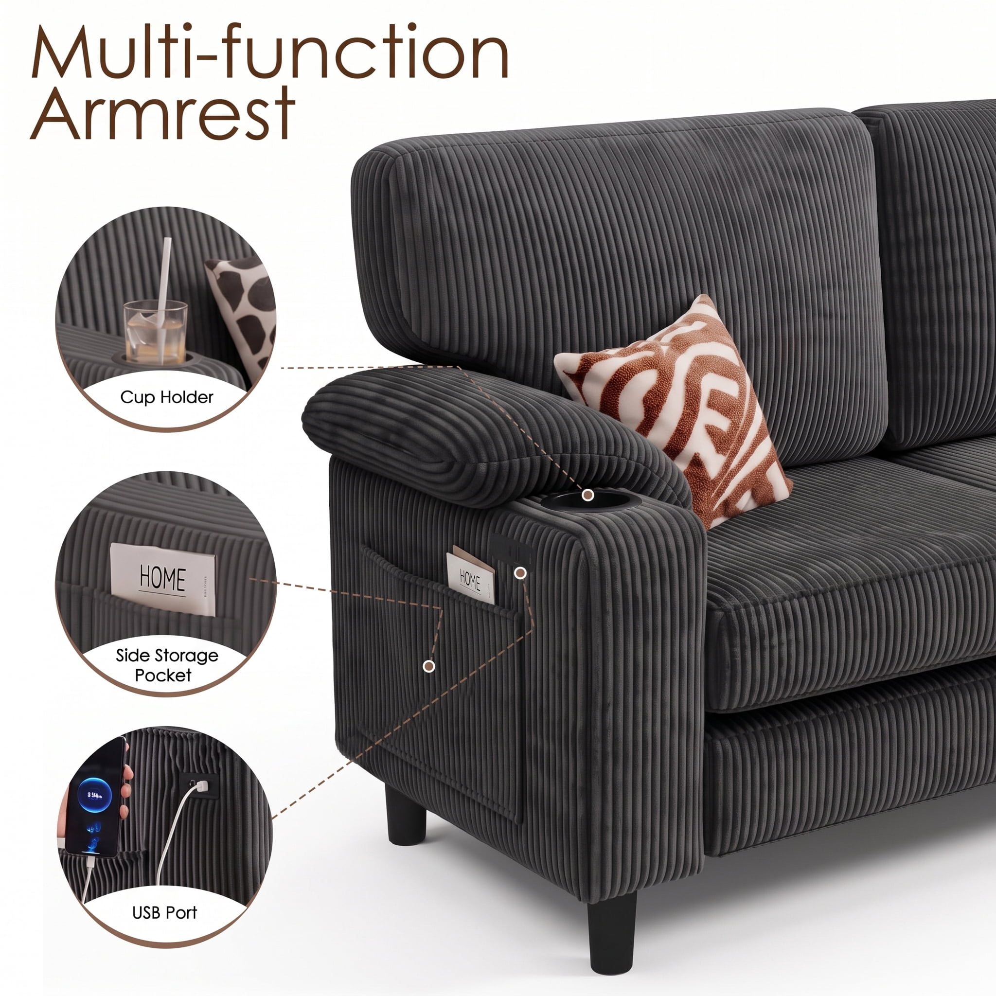 Xiweot 80" L Shaped Sectional Sofa, 3 Seater Convertible Couch with Storage Ottoman, Charging Ports & Cup Holders, Corduroy Comfy Upholstered Sofa for Living Room Apartment, Dark Gray