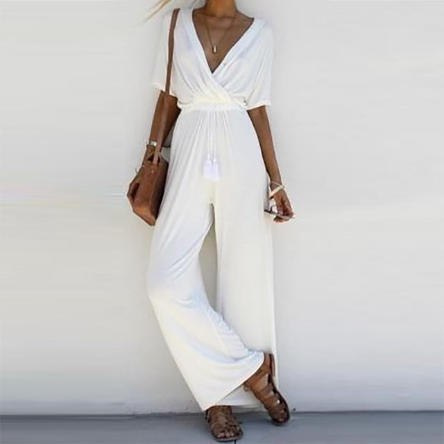 Cehvom Women's Solid Color V-Neck Broad Leg Chiffon Jumpsuit, Small