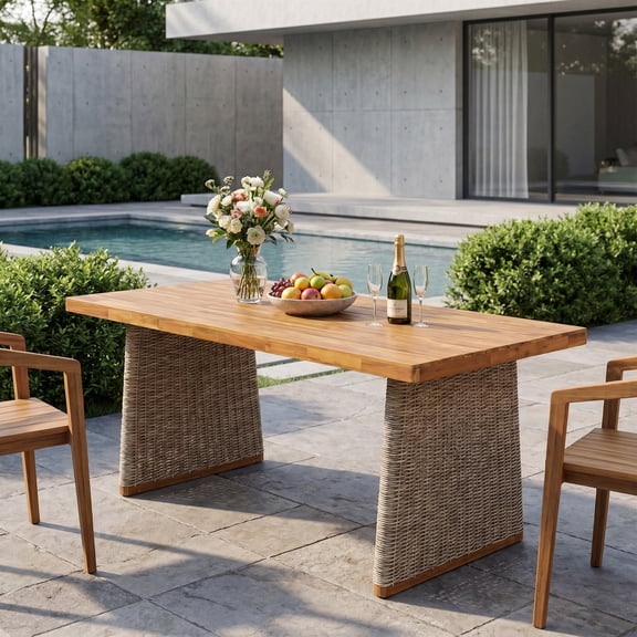 Christopher Knight Home 70" Outdoor Wood Rectangle Dining Table with Slatted Top and Rattan Legs, Brown