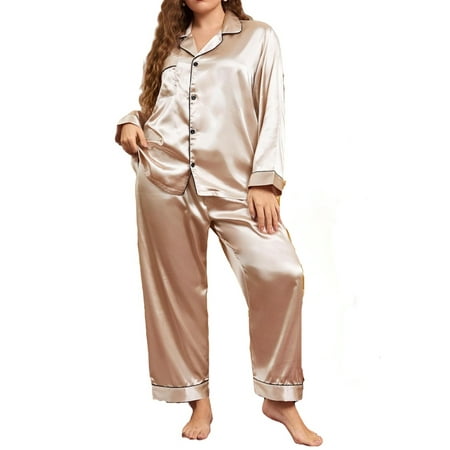 

Casual Lapel Pant Sets Long Sleeve Khaki Plus Size Pajama Sets (Women s)