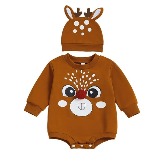 FYEGRE Festive Reindeer Long Sleeve Bodysuit Romper With Hat For Baby Girls Holiday Season Outfit Khaki 0-3 Months