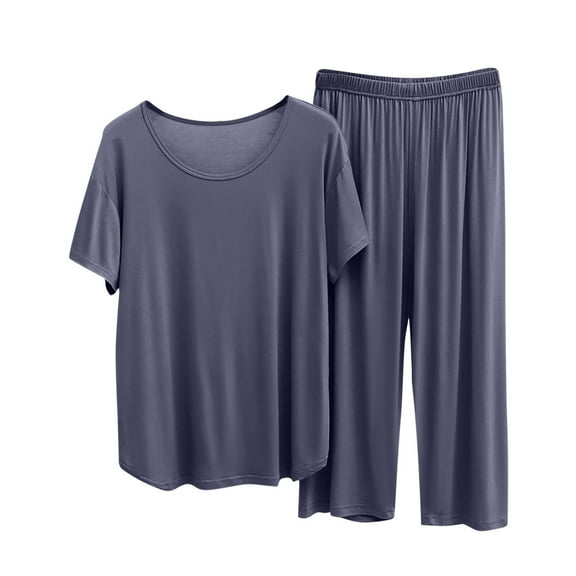 RQYYD Womens Soft Pajamas Set Short Sleeve Top with Wide Leg Capri Pants Lightweight Breathable Loungewear Cozy Nightwear for Ladies