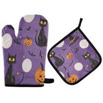 Yayeee Oven Mitts and Pot Holder Set of 4 Heat Resistant Kitchen Gloves Baking Hot Pad, Halloween Black Cat
