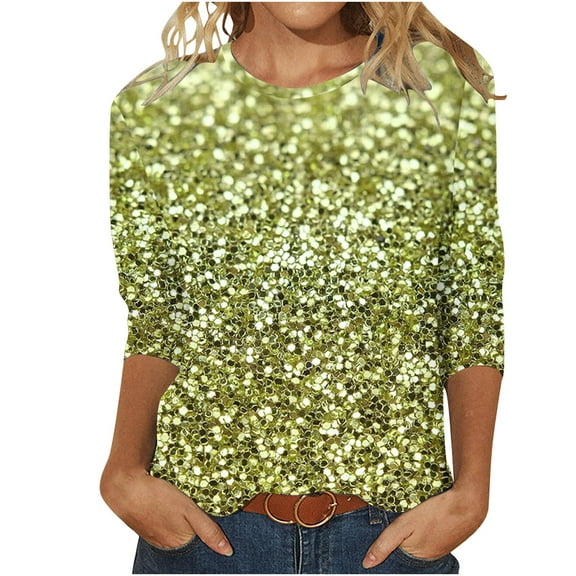 3/4 Length Sleeve Womens Tops Plus Size Trendy Sequin Spring Tunic Shirts Classic-Fitted Crew Neck Pullover Blouses(Yellow,XL)