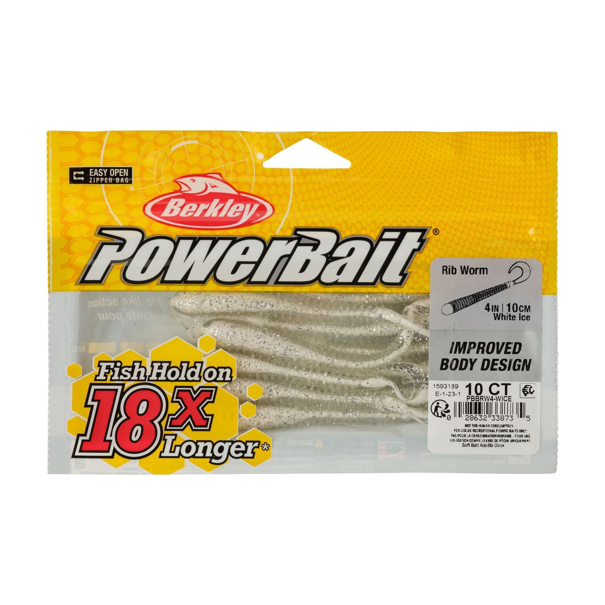 Berkley PowerBait® Rib Worm, 4 in, Worms, White Ice (10 Count)