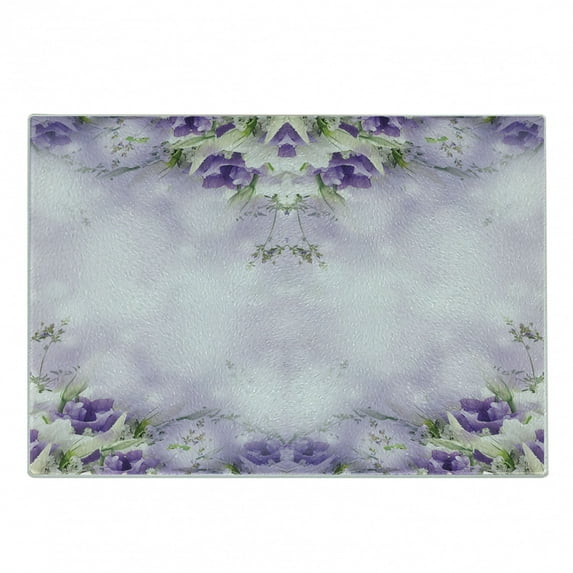 Floral Cutting Board, Composition of Blossoming Flowers with Green Spring Leaves Romantic Nature, Decorative Tempered Glass Cutting and Serving Board, Small Size, Lilac Purple Green, by Ambesonne