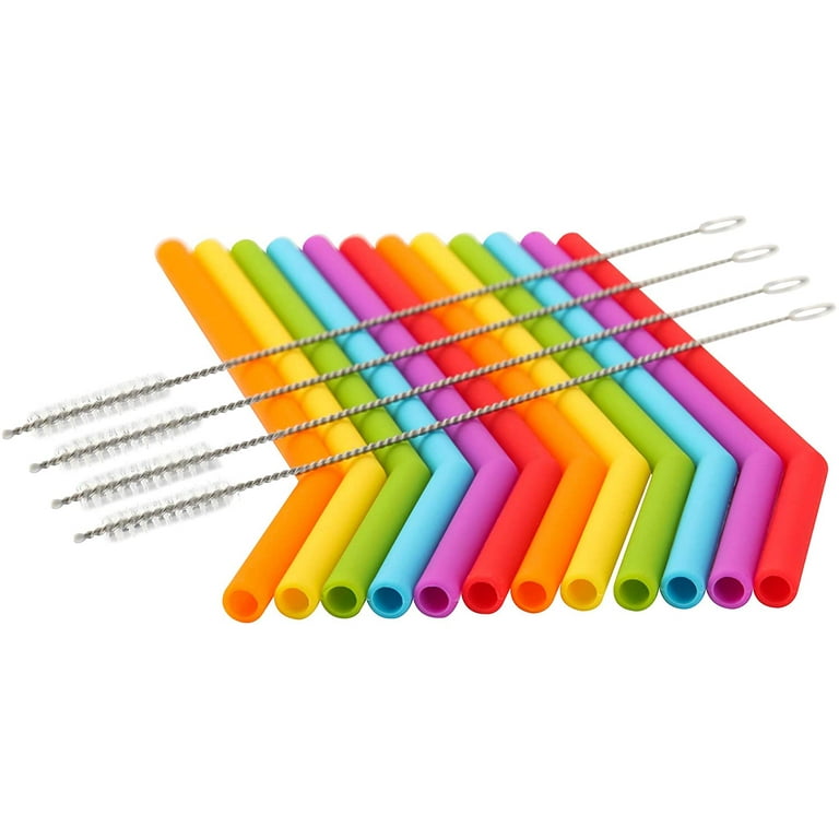 Reusable Silicone Straws for Toddlers & Kids - 12 Pcs Flexible Short Drink 6.7 Straws for 6-12 oz Yeti/Rtic/Ozark Tumblers & 4 Cleaning Brushes - BPA