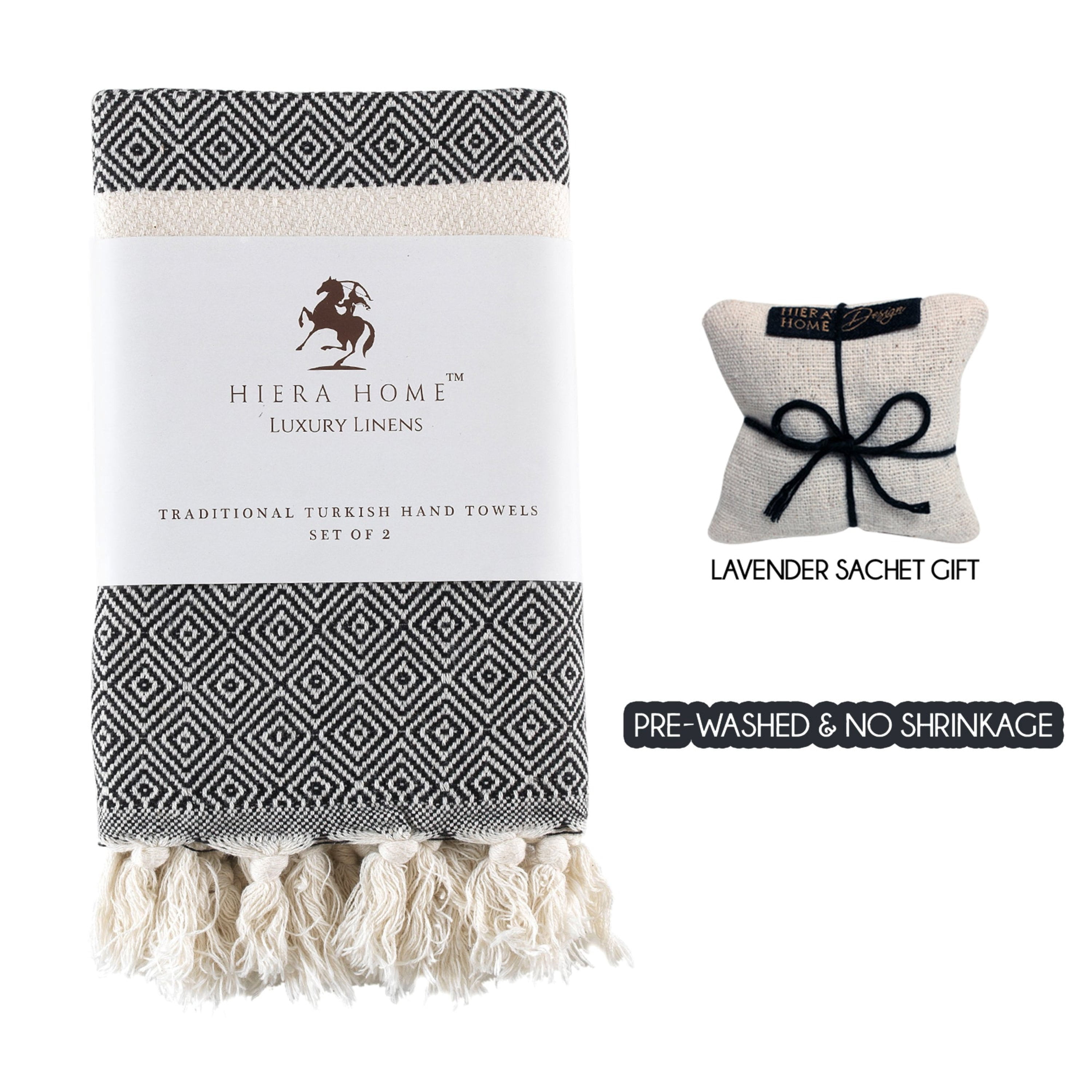 Wear Sierra Turkish Cotton Hand Towels, Soft & Absorbent, Black, Set of 2, 19x39 Inches