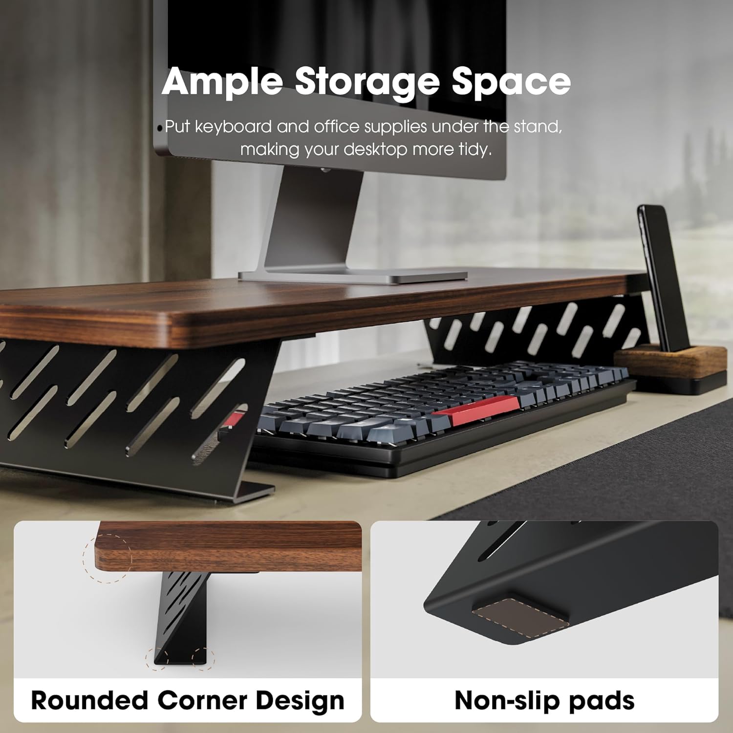 Wood and Steel Dual Monitor Stand Riser for Desktop, Laptop, PC, and Printer