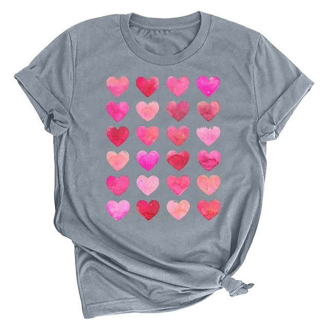 Meichang T-Shirts Cœur d'Amour pour Femmes T-Shirts de la Saint-Valentin Imprimé Cœur Manches Courtes Hauts Mignons Col Rond Hauts de Vacances Cadeaux de la Saint-Valentin pour Femmes