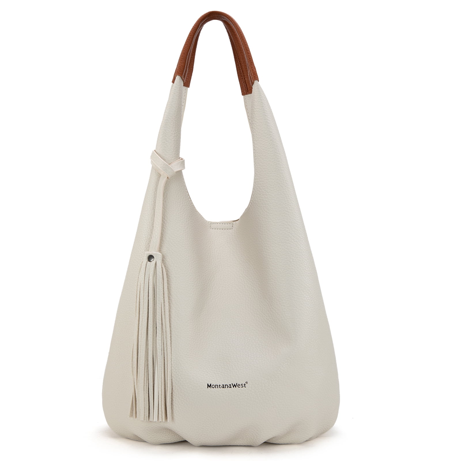 Montana West Slouchy Hobo Bags for Women 2PCS Tassels Handbags Shoulder Bag Set with Comestic Bag, Beige