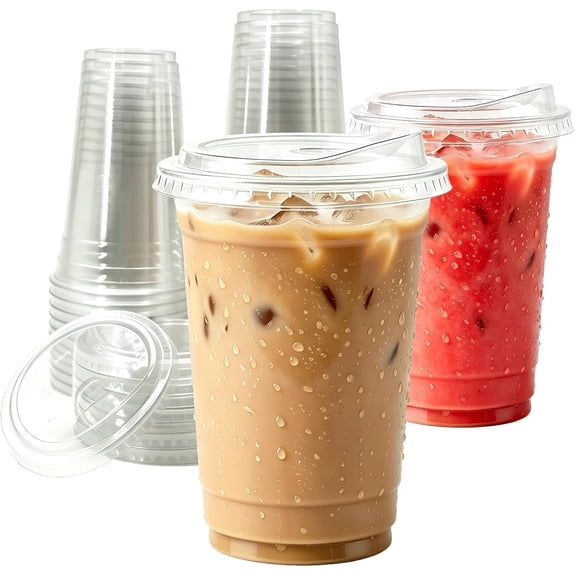 20oz Clear Plastic Cups with Strawless Sip , 25 Sets Disposable Iced Coffee Cups for Iced Coffee, Smoothie, Cold Drinks - for Party, & Office
