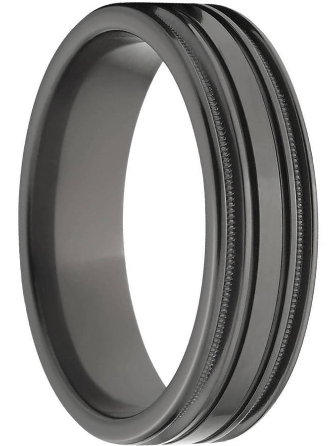 6mm Flat Black Zirconium Ring with Four Grooves and a Polished Finish
