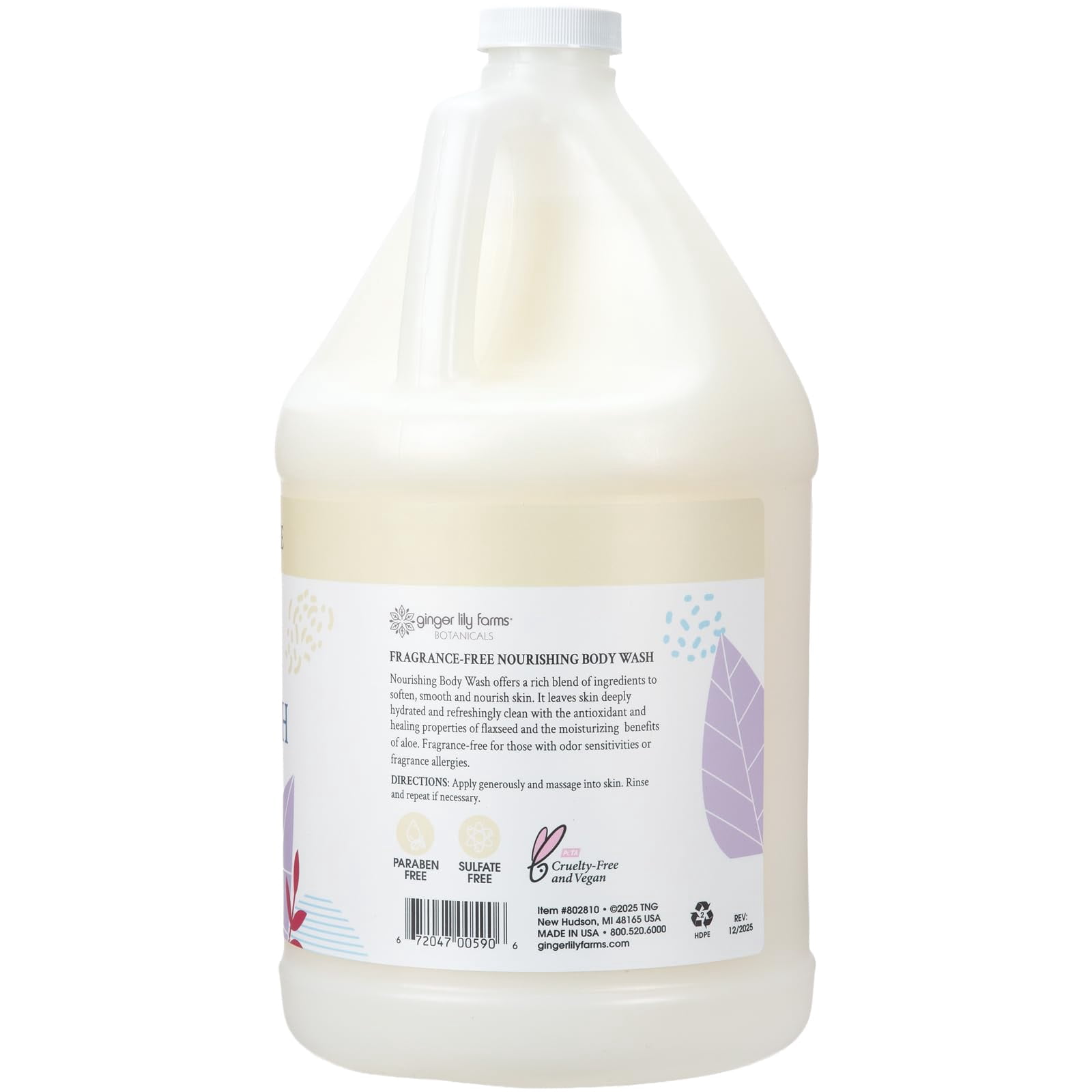 Ginger Lily Farms Botanicals Nourishing Body Wash, 100% Vegan & Cruelty-Free, Fragrance Free, 1 Gallon (128 fl oz) Refill