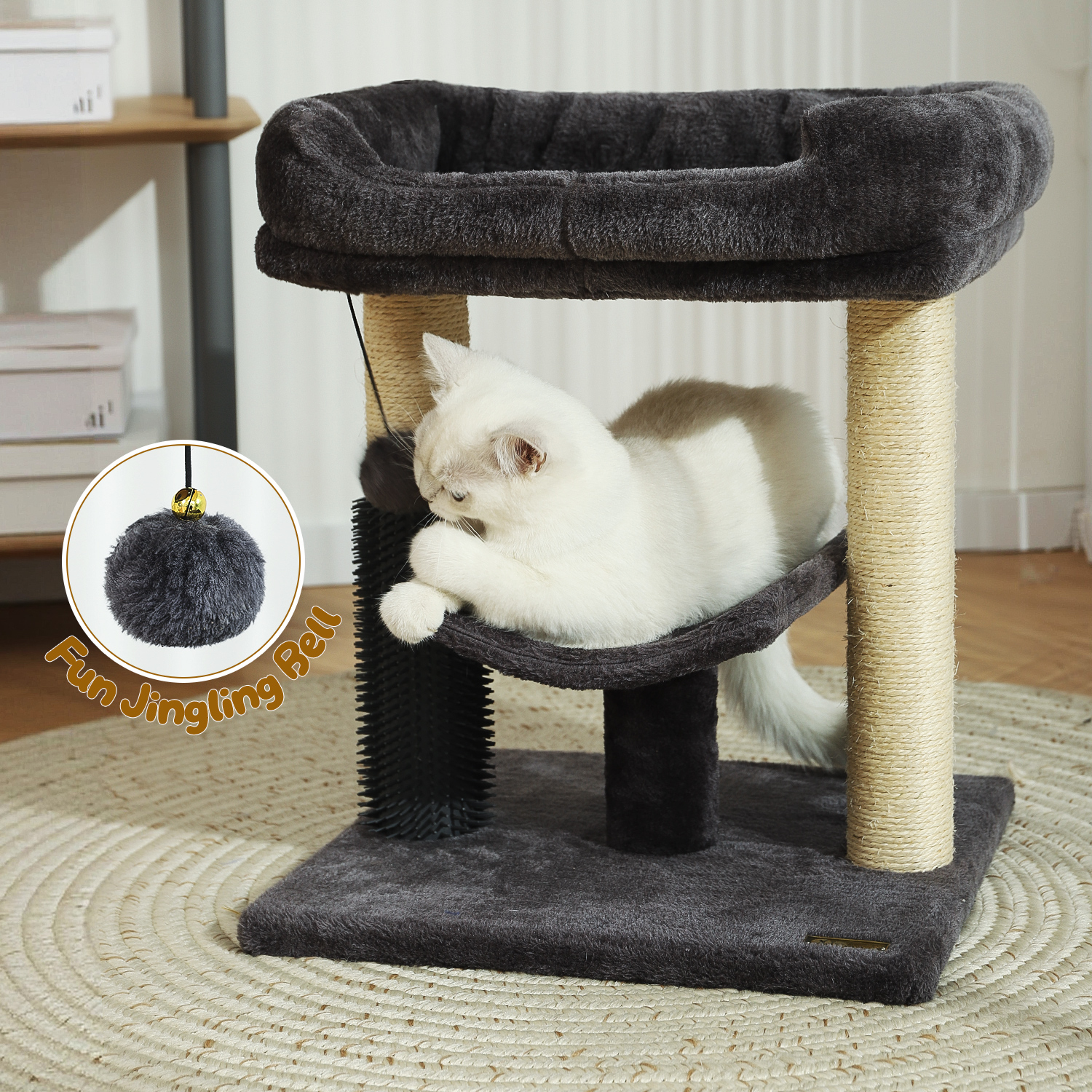 Hoopet 20" Cat Tree Tower, Scratching Post for Indoor Cats with Cozy Perch, Self Groomer & Interactive Ball,Smoky Grey