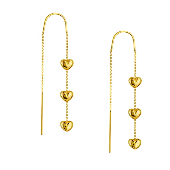 14k Yellow Gold Triple Puff Love Heart Threader Earrings Stud Earring for Women