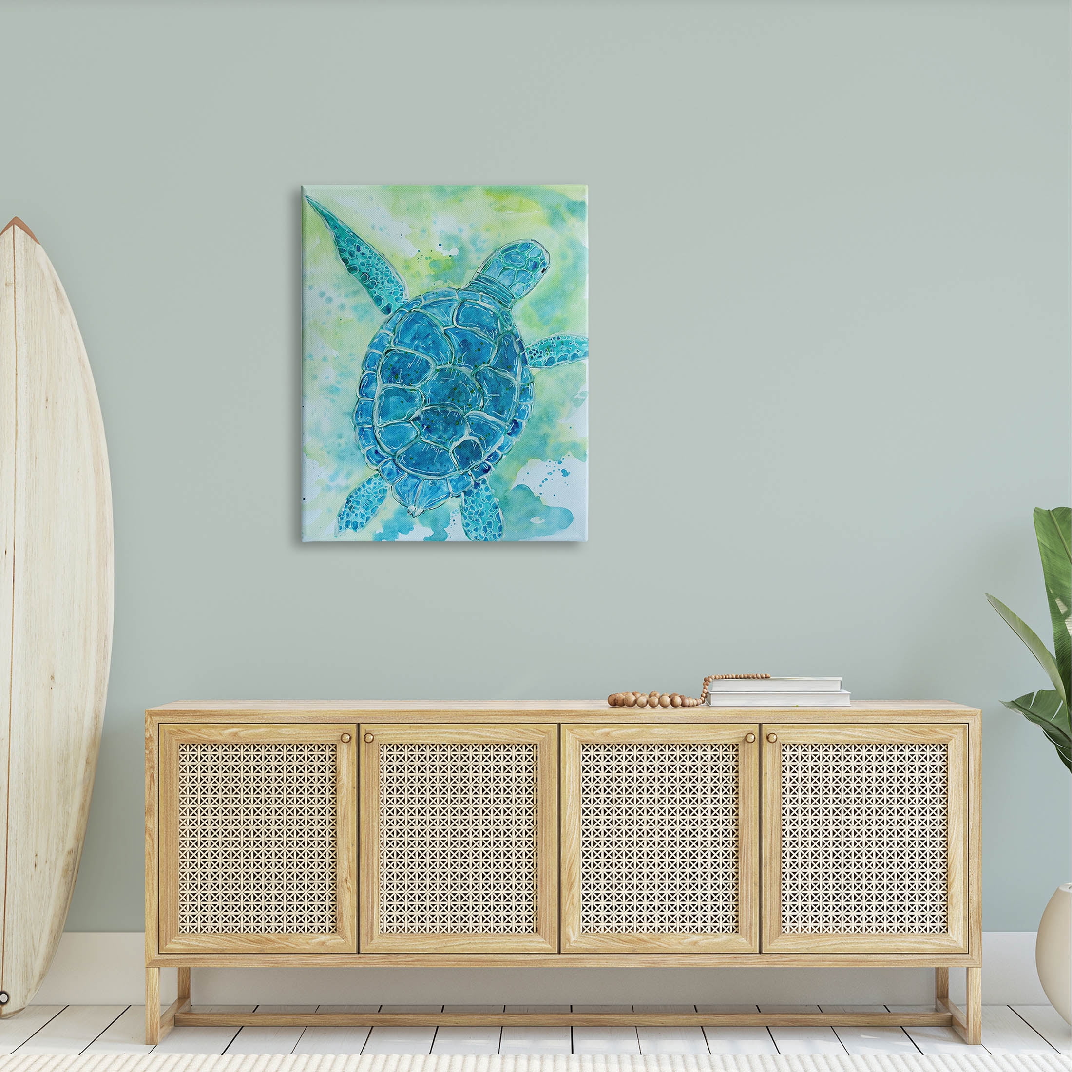 Blue Sea Turtle Aquatic Bubbles Animals & Insects Painting Gallery Wrapped Canvas Print Wall Art
