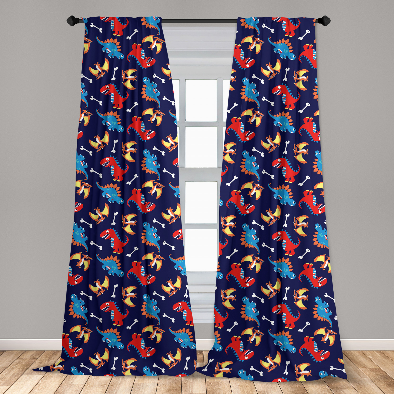Dinosaur Curtains 2 Panels Set, 3 Different Cartoon Dinosaurs Funny