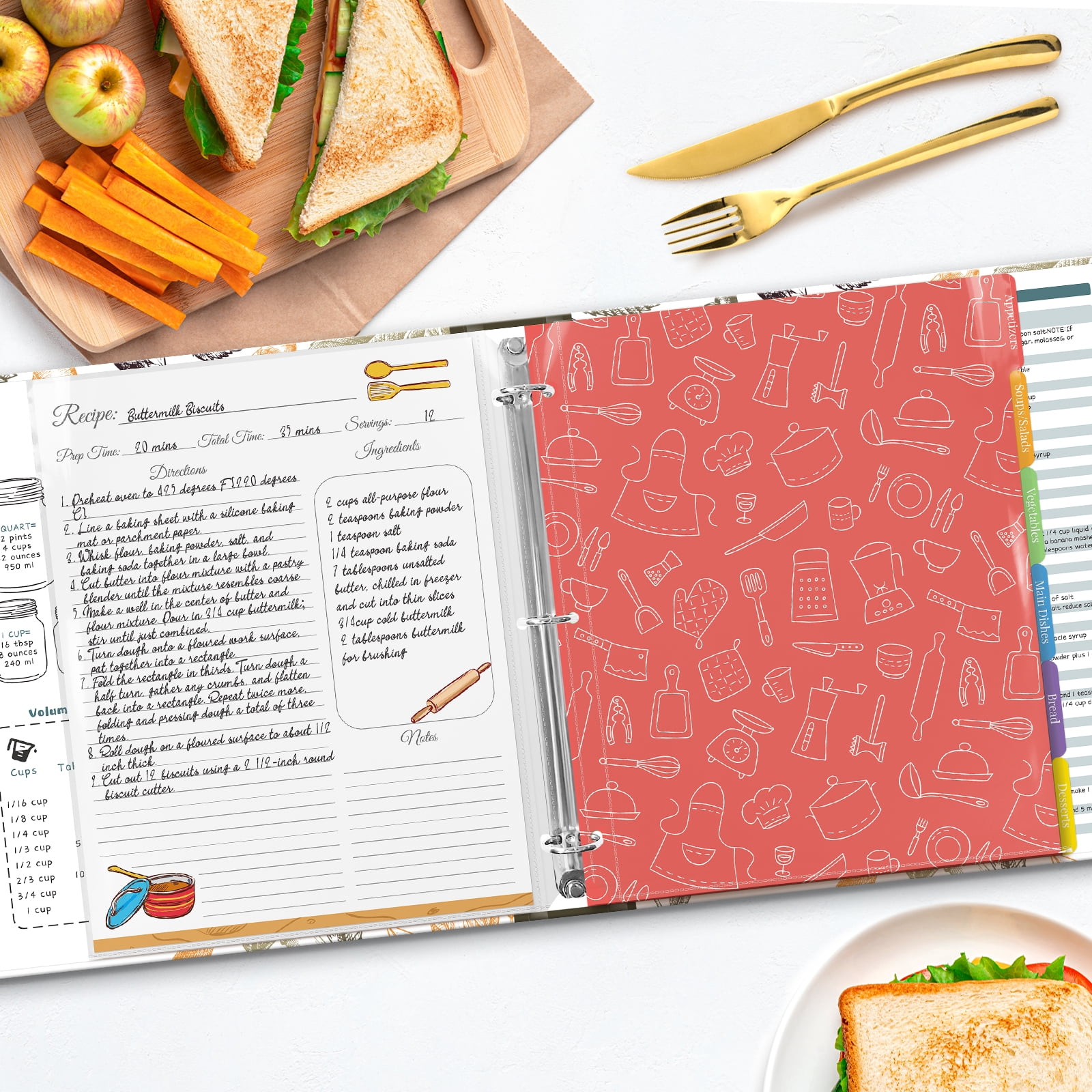 Recipe Binder 8.5x11 3 Ring with Plastic Sleeves & 30 Blank Full-Page Recipe Cards, Cookbook Binder to Write in Your Own Recipes (Color Veggies)
