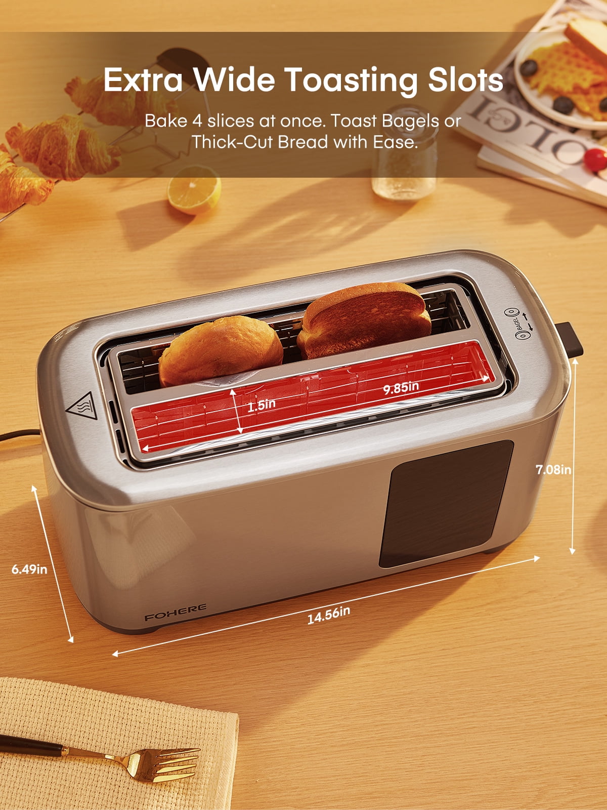 4 Slice Toaster Touch Screen Control, FOHERE Long Extra Wide Slots, 6 Bread Types & Shade Settings