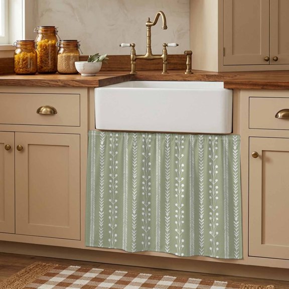 Rustic Farmhouse Cabinet Curtains 28"W x 35L, Spring Floral Stripes Bohemia Sage Green Under Sink Skirt for Bathroom Vanity Kitchen Self Adhesive, Dust-Proof Privacy Curtain for Closet Shelves