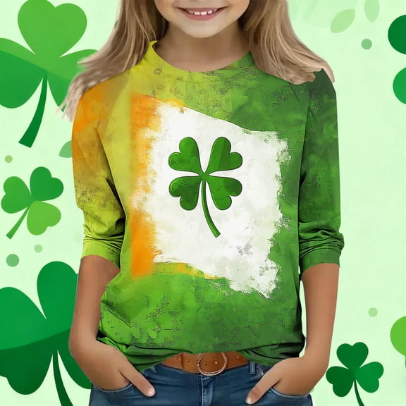 Girls St Patrick's Day Shirt Long Sleeve Shamrock Graphic Top, Soft Stretch Irish Flag Green Holiday Tee for Kids Kids Youth Sizes 4-12,Size 5-6T