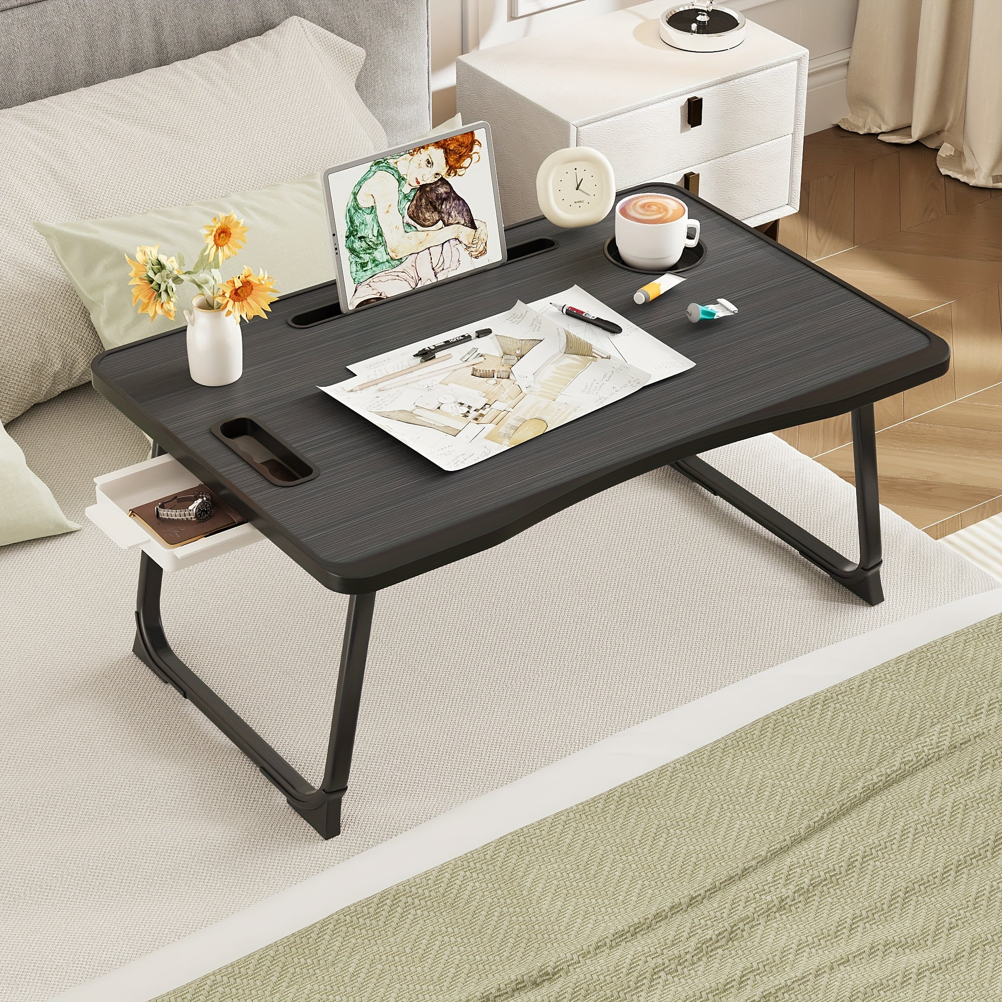 Foldable Portable Lap Desk with Cup Holder & Drawer - Adjustable Laptop Bed Tray for Sofa, Floor, Study, Breakfast, Multi Use Stand Table
