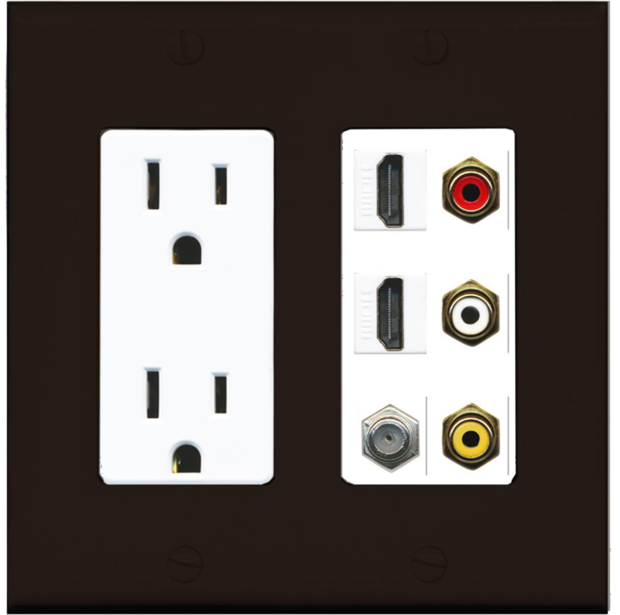 RiteAV 2 Power Outlet 2 HDMI Coax RCA Composite Video Stereo Wall Plate White 