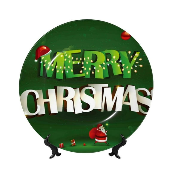 Easygdp Merry Christmas Bone China Decorative Plate Ceramic Dinner Plates Art Crafts with Display Stand-6in
