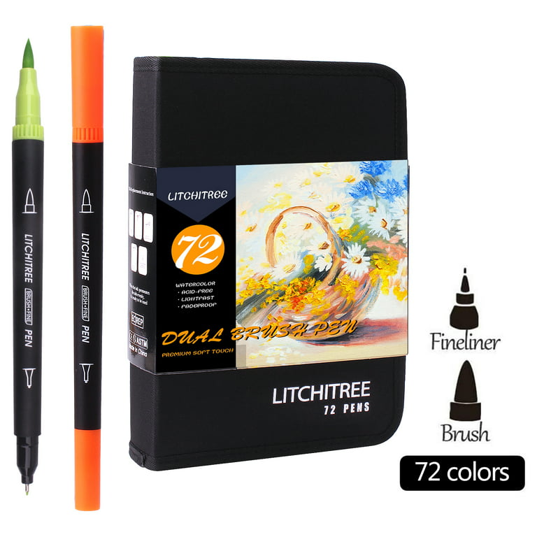 72 Dual Brush Marker Pen Set with Zipper Pack, Fine and Brush Tip Artist Colored  Markers for Kids, Watercolor Markers for Coloring Books Drawing 