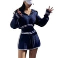 thumbnail image 6 of Womens 2 Piece Outfits Zipper Lapel Knit Pullover Sweater Shorts Set Wide Leg Matching Set Loungewear, 6 of 9