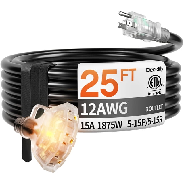 Cable de extensión Deeklify 7,5 m, calibre 12, 3 tomas, resistente al agua