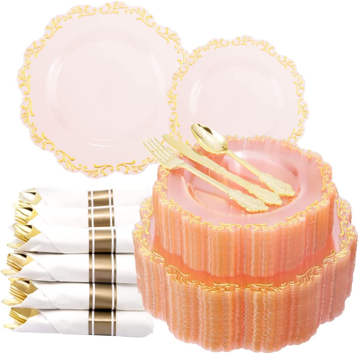 40 Guests Pink Plastic PlatesPink Plates with Gold Rim Include