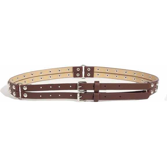 Zhengup Fashion Womens Double Two Hole Buckle Studded Waist Belts Soft Brown Trendy Punk For Dresses Jeans Ladies Pants