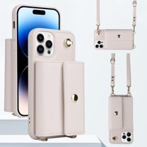 ELEHOLD Crossbody Wallet Case for iPhone 15 PU Leather Double Buttons Shockproof Flip Cover with Detachable Shoulder Strap Card Slots Kickstand,White